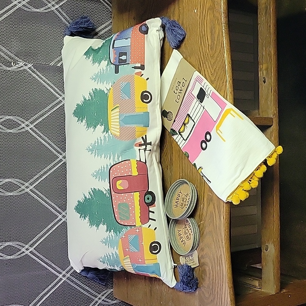 New HAPPY CAMPER Grouping - Pillow, Towel & Coasters